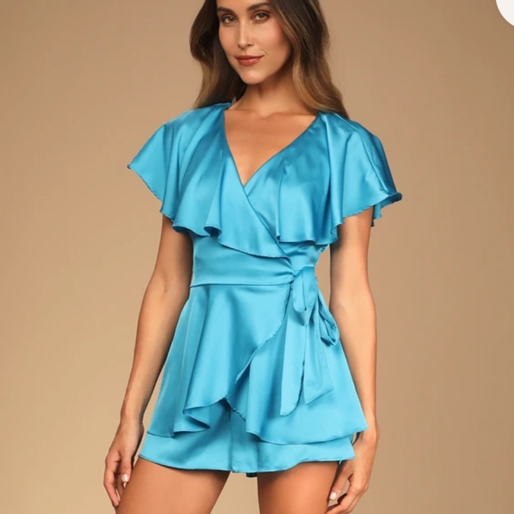 Lulus Muss Bliss Blue Satin Romper
